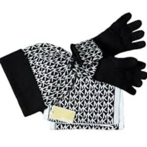 MK Winter Gloves, Hat, and Scarf Set Black and White
